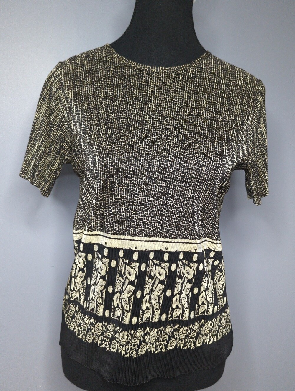 Vintage Brochure Slinky Knit Top 90s Botanical Block Print Border Short Sleeve M